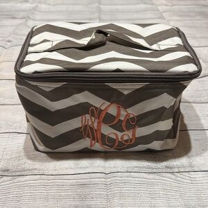 Brown & White Chevron Cosmetic Bag with Monogram wCg